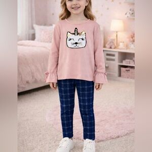 Kidgets Kids Girl’s Unicorn Flip Sequin Top & Navy Leggings Set Size 4T